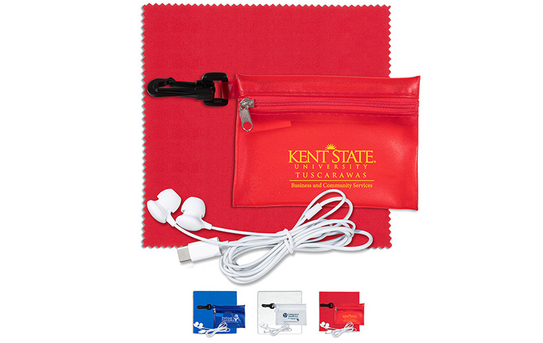 Earbud Tech Kit with Microfiber Cleaning Cloth In Translucent Carabiner Zipper Pouch Earbud Tech Kit with Microfiber Cleaning Cloth In Translucent Carabiner Zipper Pouch